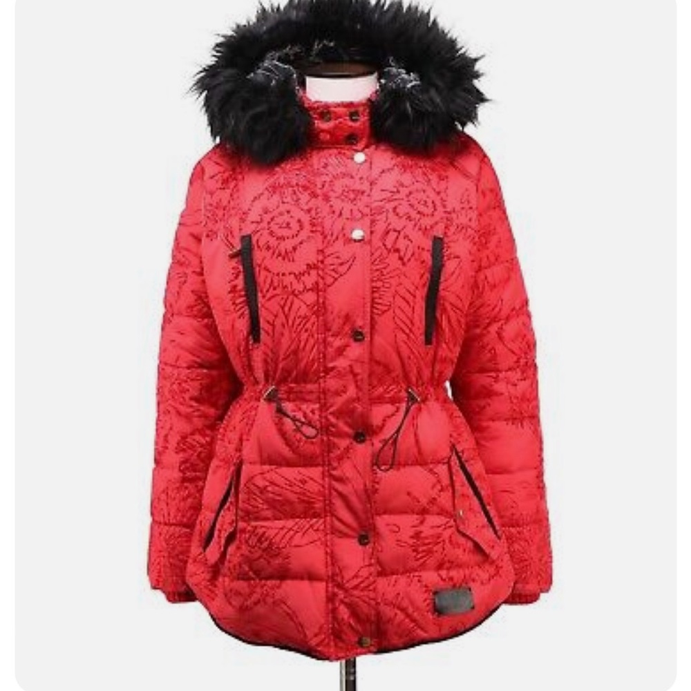 Women's DESIGUAL Red Floral Hooded Fitted Puffer Jacket